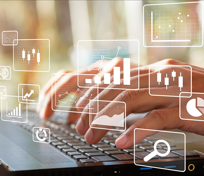 Graphic, Business intelligence concept. Big data analytics, chart and graph icons and female hands typing on laptop