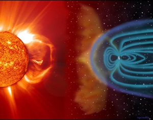 Blasts of particles and magnetic fields from the Sun that impact the magnetosphere, the magnetic bubble around the Earth.